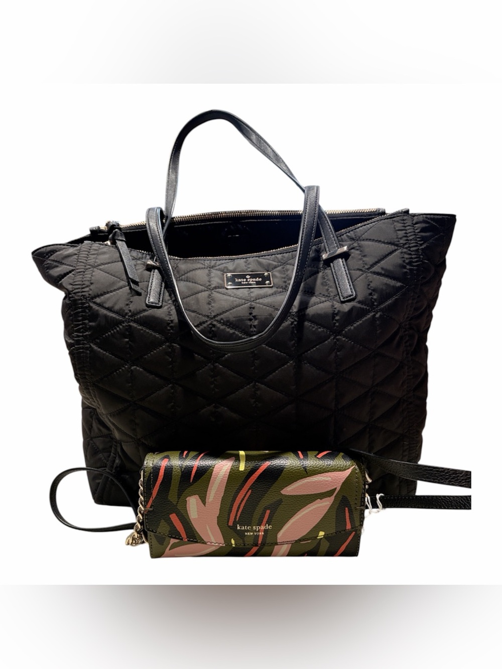 kate spade Black Quilted Tote with Olive Green & Pink Floral Crossbody
